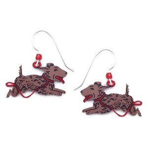 Sienna Sky Running Brown Dog with Red Leash on Silver Hook Earrings 2159 NEW
